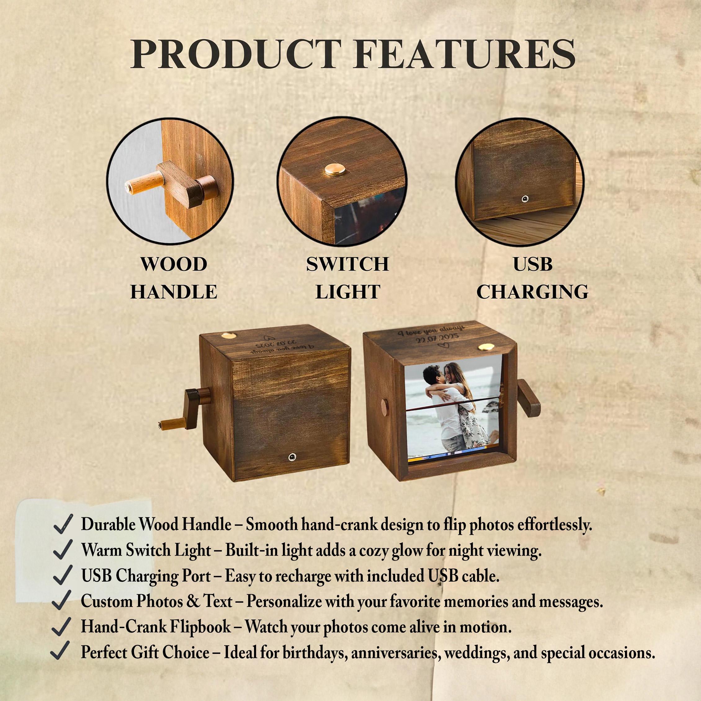 Wooden Music Box Animation Album with Light